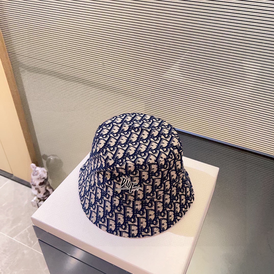 迪D家-2024新款手寫Logo老花漁夫帽 藍色