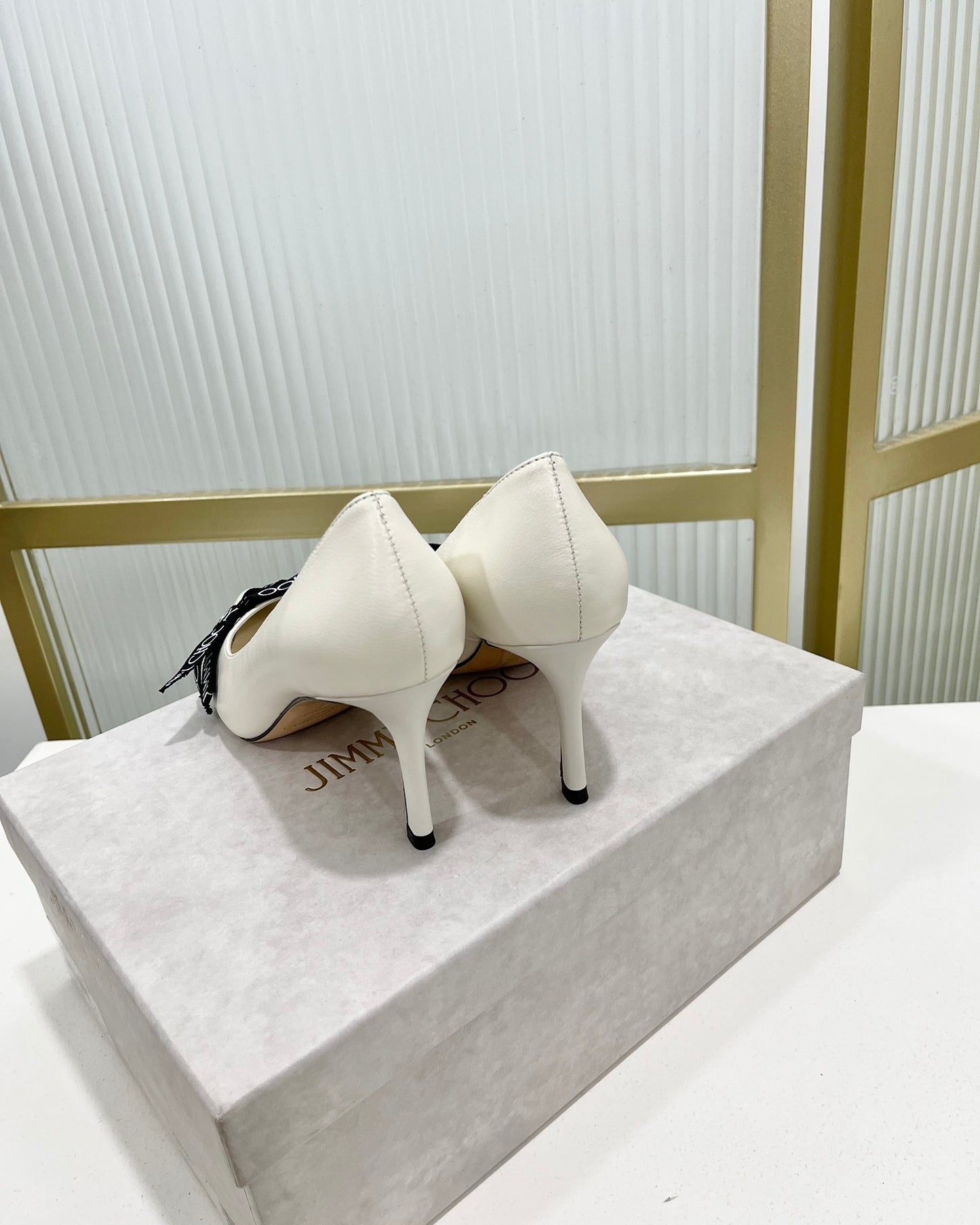 JC傑米-2023新款 印花織帶尖頭高跟鞋 6CM 白色