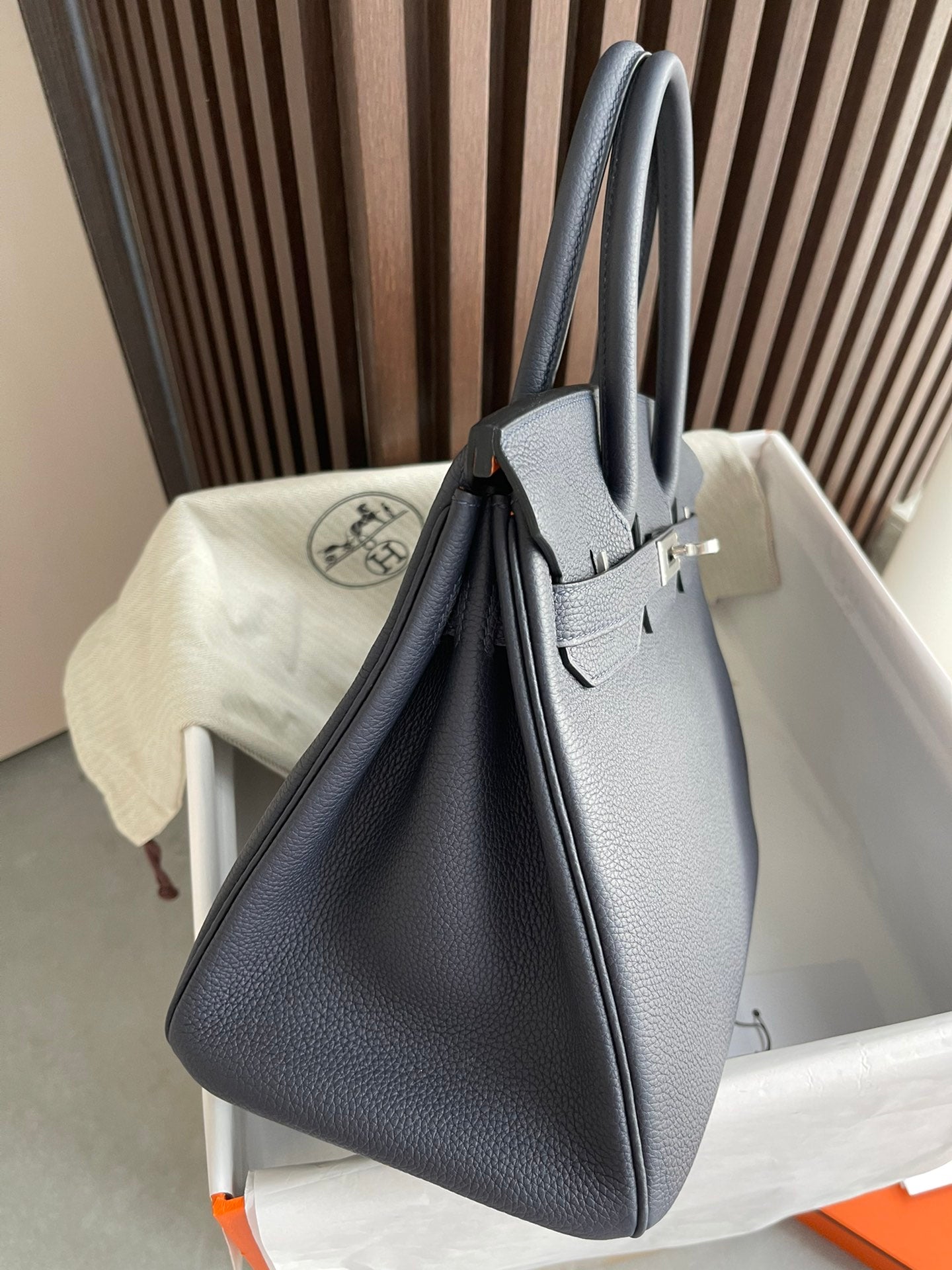 小愛款-Birkin 25 Togo 午夜藍拼橙色 銀扣