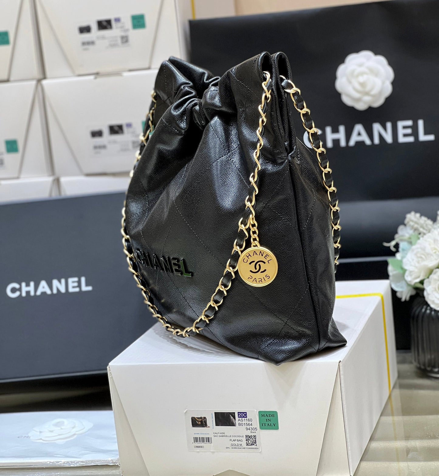 小香家-Chanel 22號手袋 魚子醬皮黑金色 中號