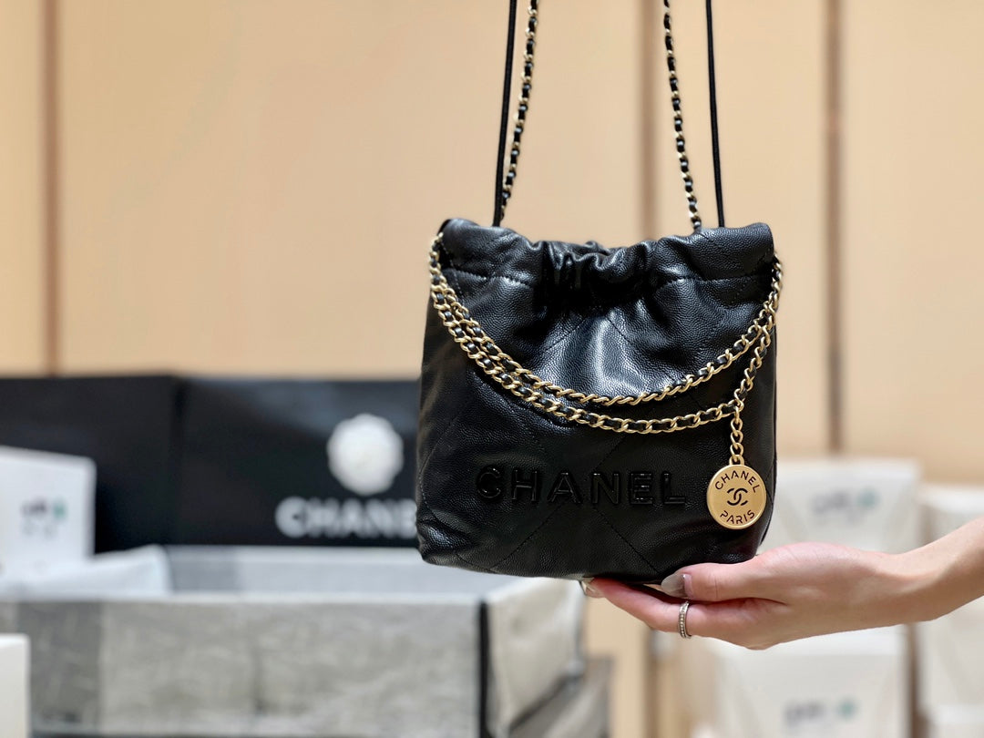 小香家-Chanel 22號手袋 魚子醬皮黑金色 小號