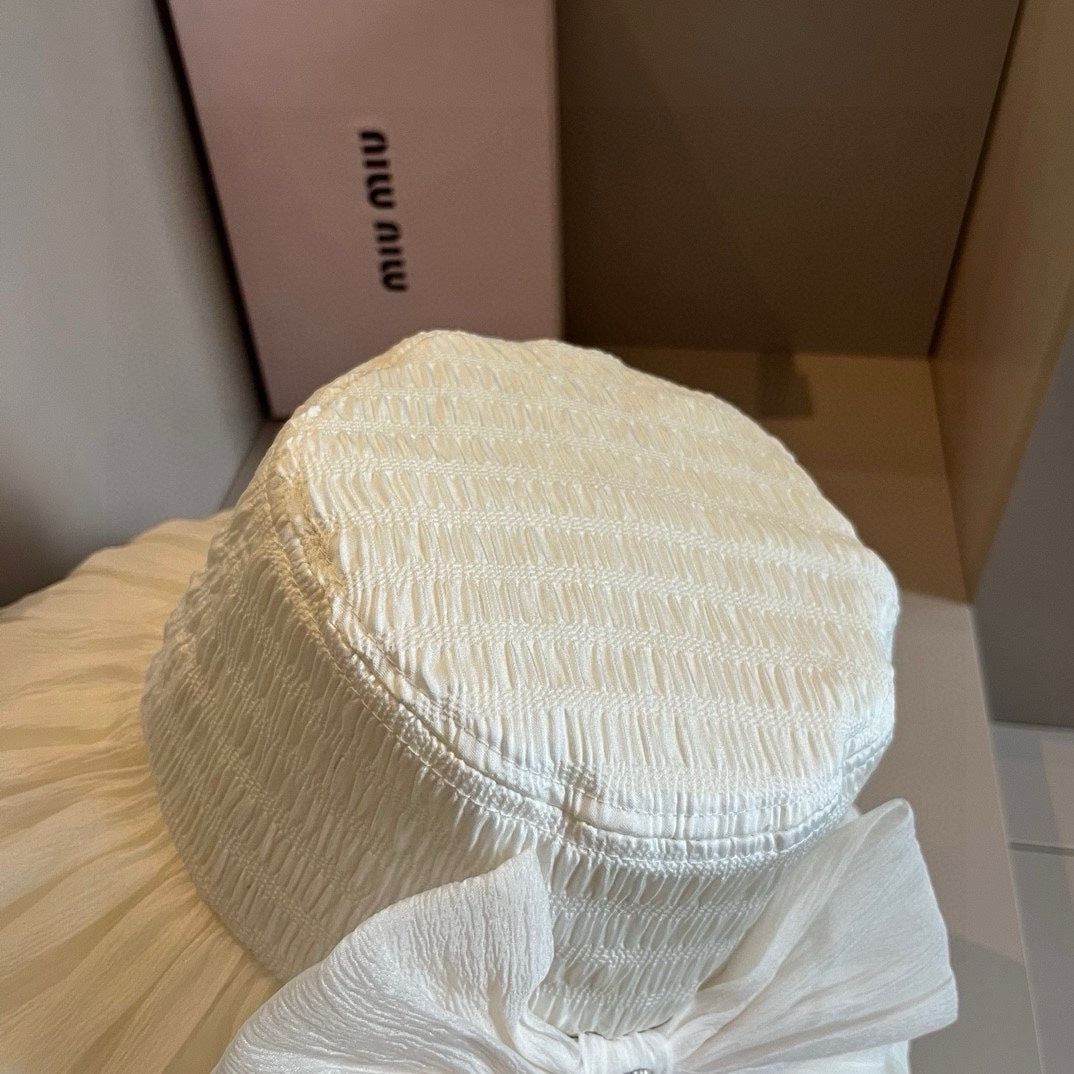穆M家-2024新款皺褶蝴蝶結遮陽帽 白色