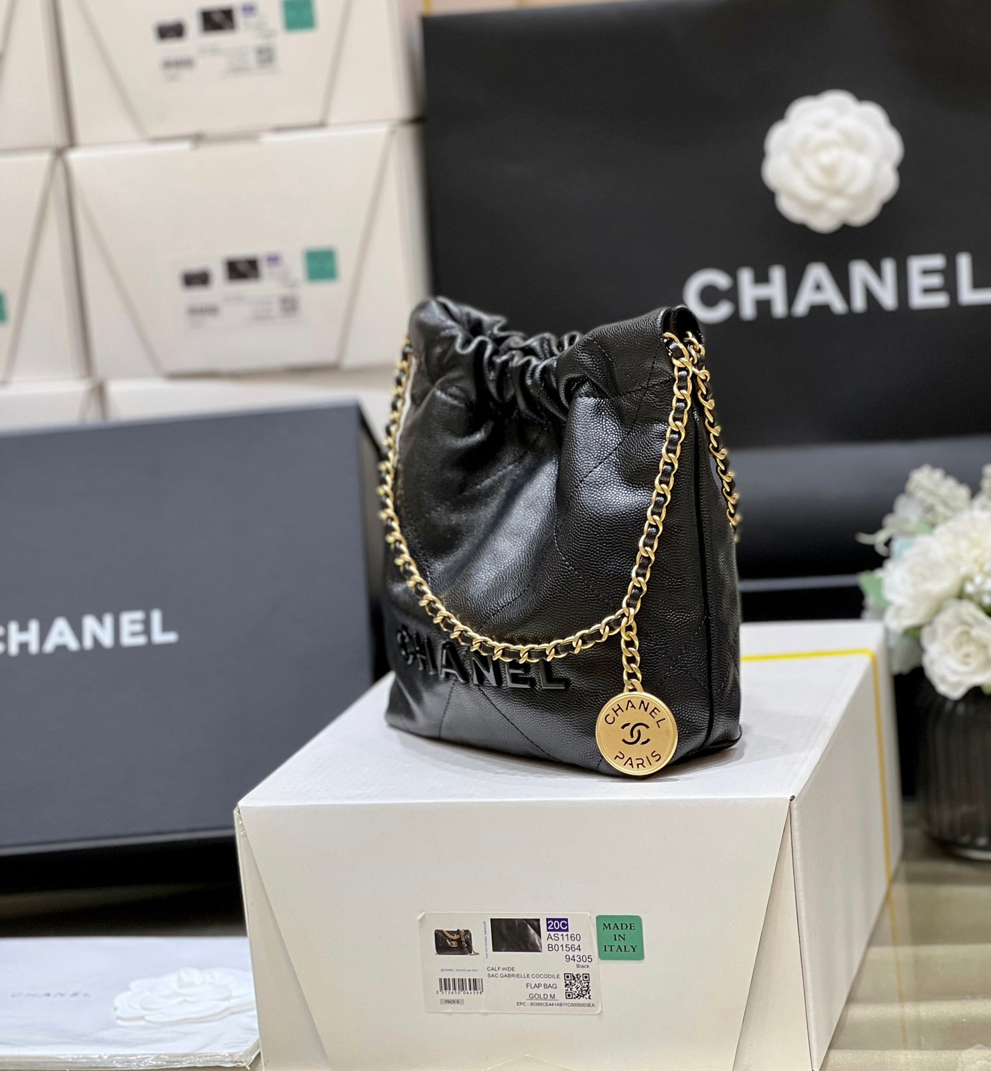 小香家-Chanel 22號手袋 魚子醬皮黑金色 小號