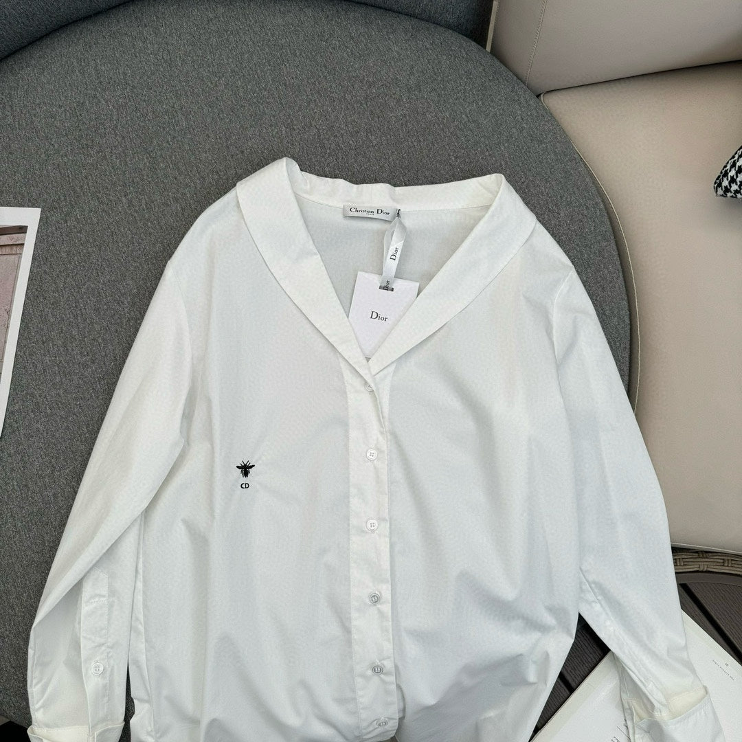 迪D家-2403 24春夏新品不對稱斜肩棉綢襯衫 白色