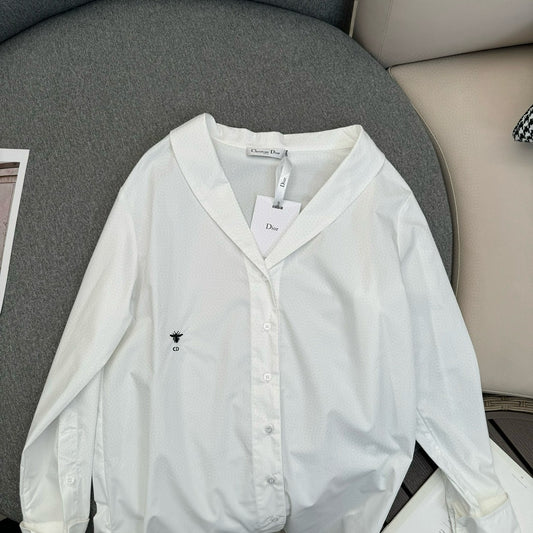 迪D家-2403 24春夏新品不對稱斜肩棉綢襯衫 白色