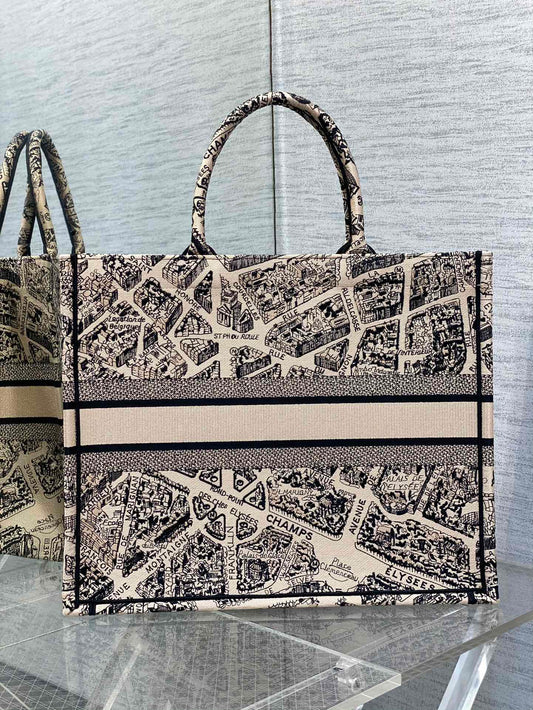 迪D家-Book Tote 2023春夏系列 巴黎地圖刺繡 米白色 大號