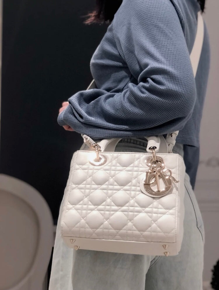 迪D家-Lady dior myABC 羊皮白色金扣 小號