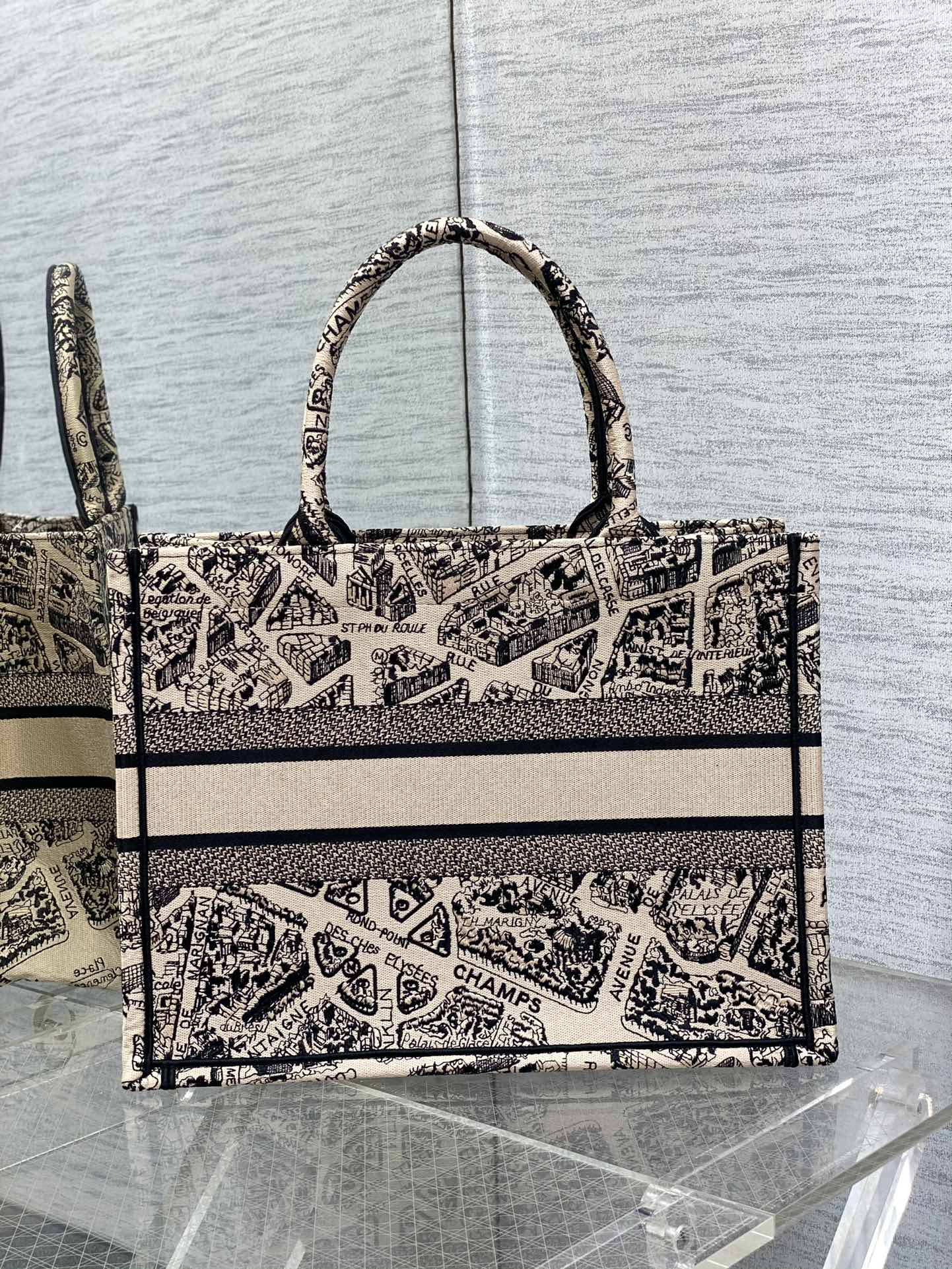 迪D家-Book Tote 2023春夏系列 巴黎地圖刺繡 米白色 中號