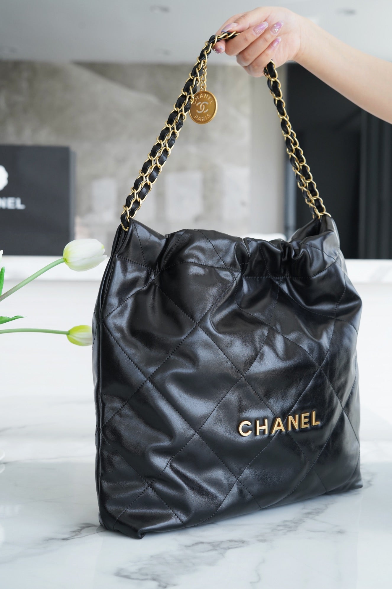 小香家-Chanel 22號手袋 黑金色中號