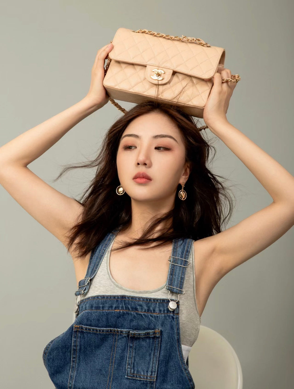 小香家-Chanel CF23 奶杏色 羊皮雙蓋淡金