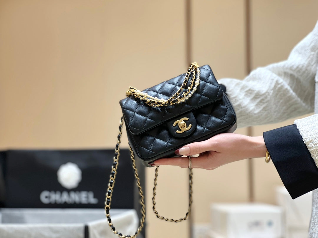 小香家-Chanel 珍珠鍊方胖子 肩背包/手提包 黑色