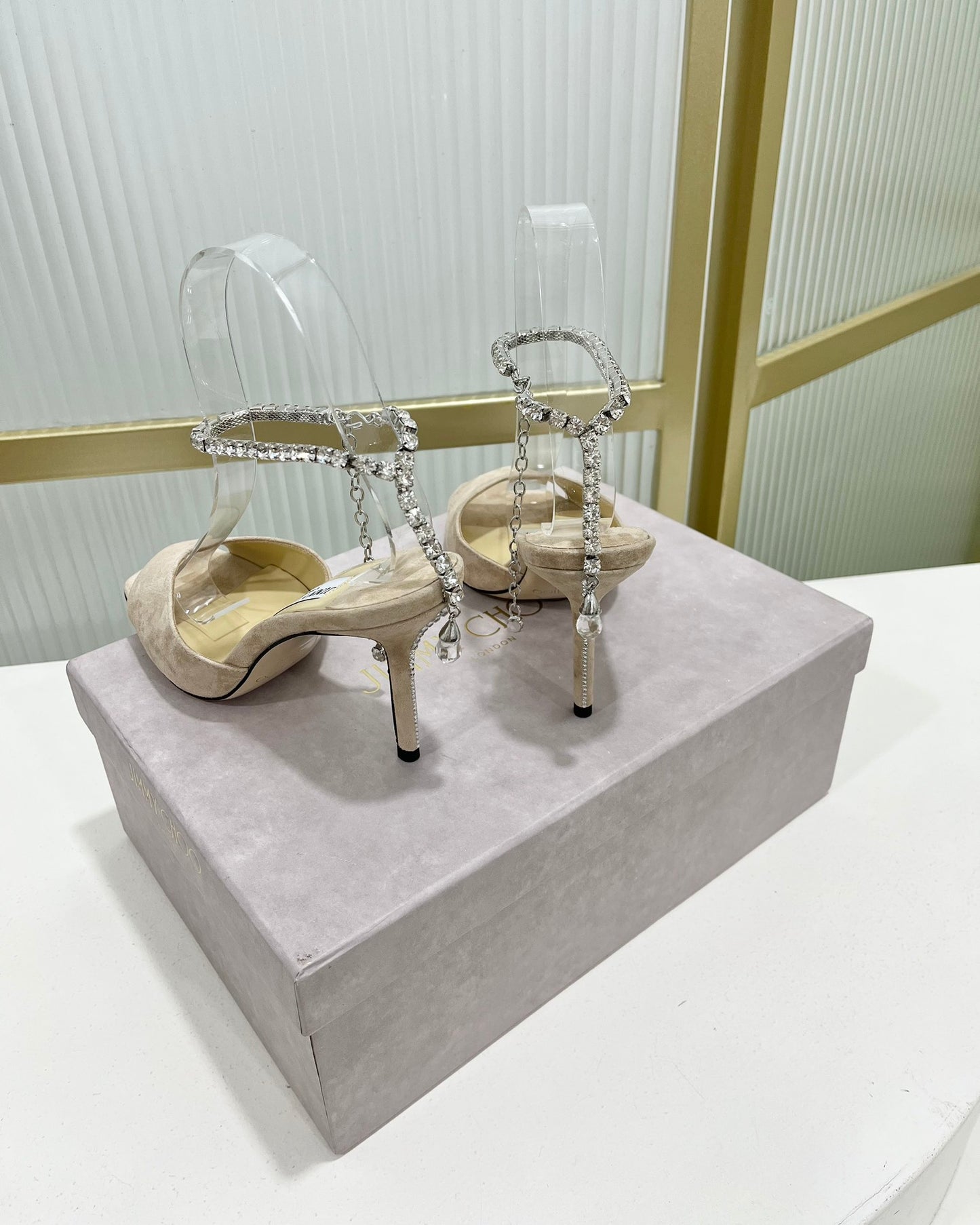 JC傑米-2023新款 魚口Y鏈高跟涼鞋 8.5CM 杏色