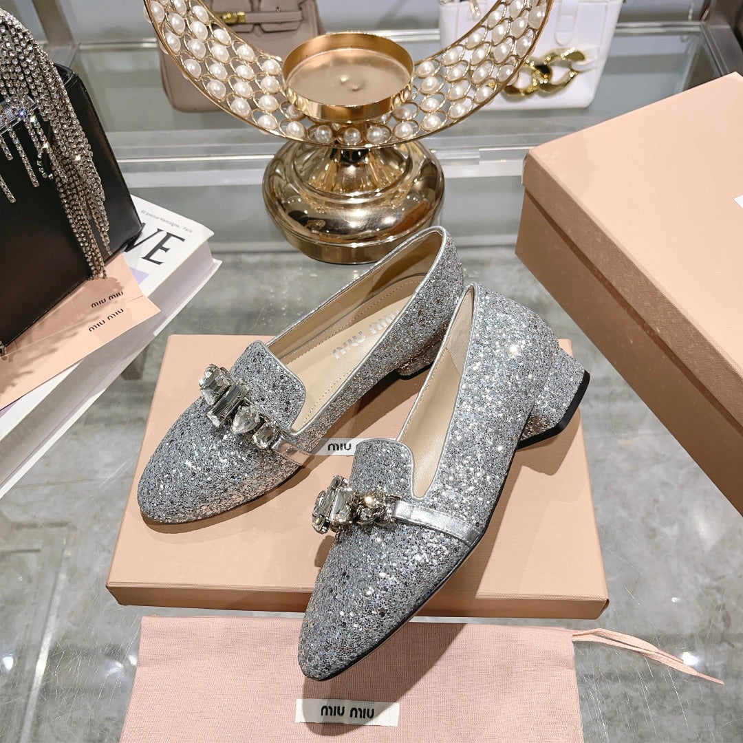 穆M家-2023秋冬新款 水鑽瑪麗珍單鞋 銀色