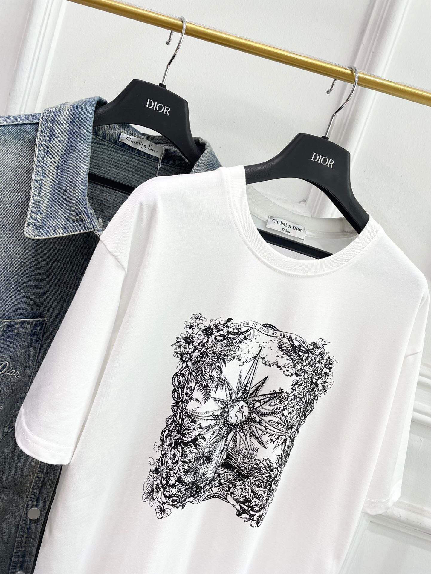 迪D家-2403 刺繡牛仔襯衫外套燙鑽短袖Tee套裝