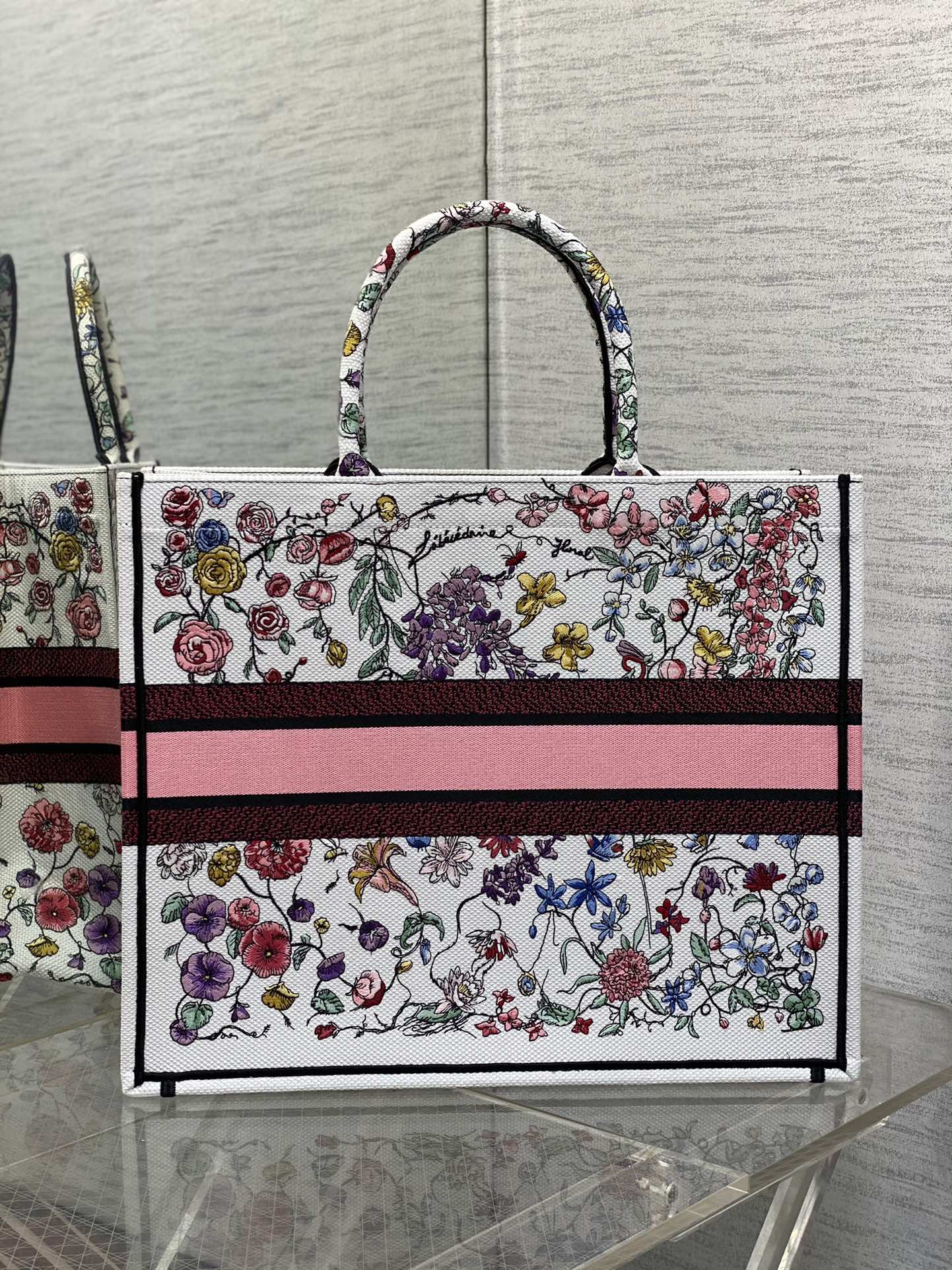 迪D家-Book Tote 2023春夏系列 浪漫花刺繡粉色 大號