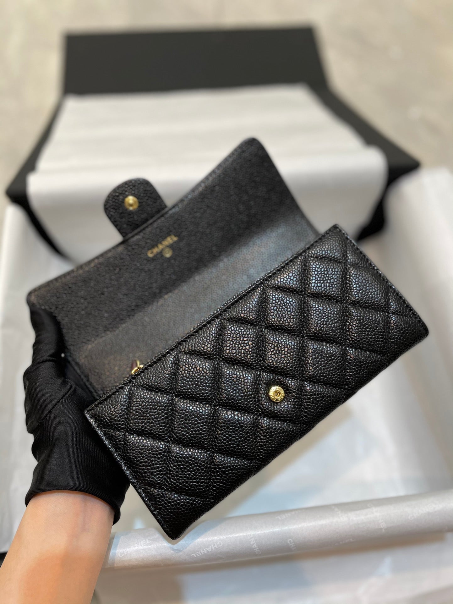 小香家-經典菱格荔枝皮三折長夾 黑色金扣