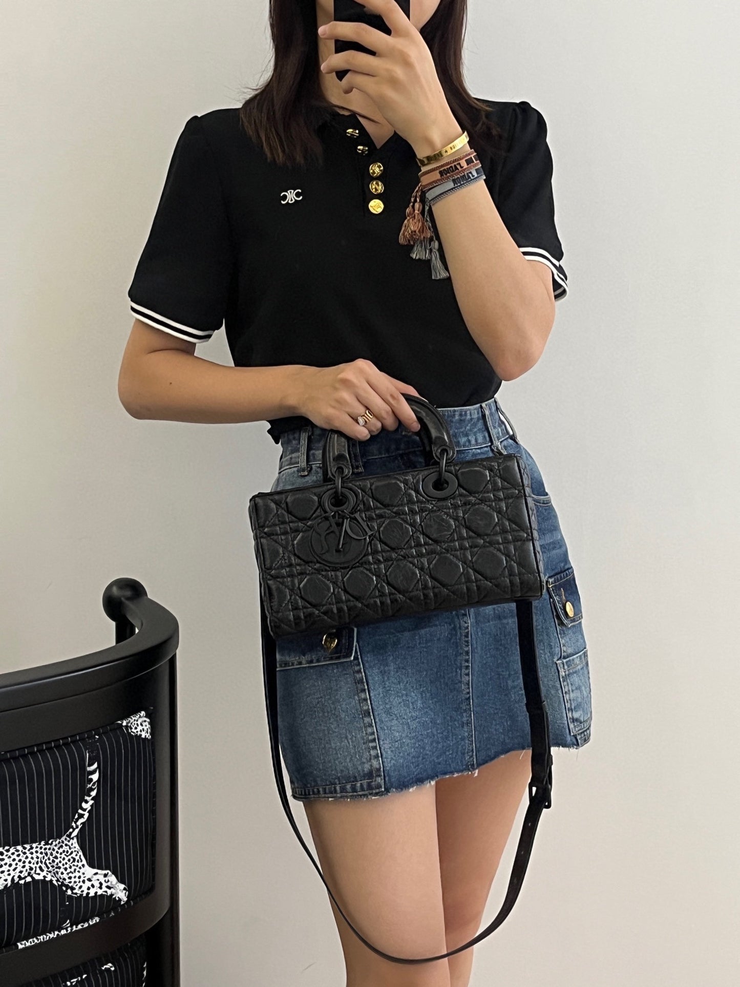 迪D家-Dior D-Joy 藤格裂紋小號 油蠟黑