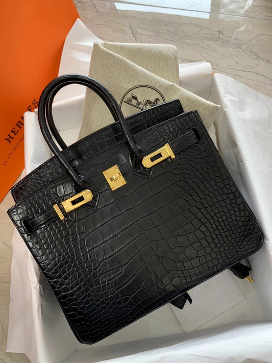小愛款-Birkin 25 霧面方塊鱷魚 黑色 金扣