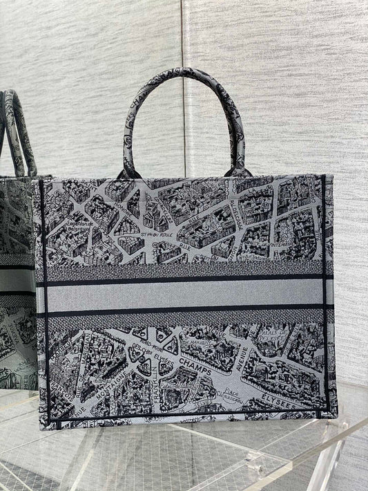 迪D家-Book Tote 2023春夏系列 巴黎地圖刺繡 灰色 大號