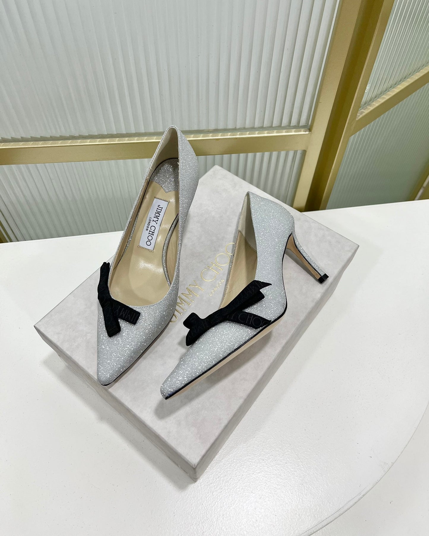 JC傑米-2023新款 印花織帶尖頭高跟鞋 6CM 銀色