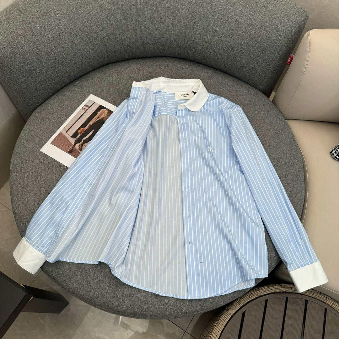 賽C家-2403 24春夏新款凱旋門標誌刺繡藍白條紋襯衫