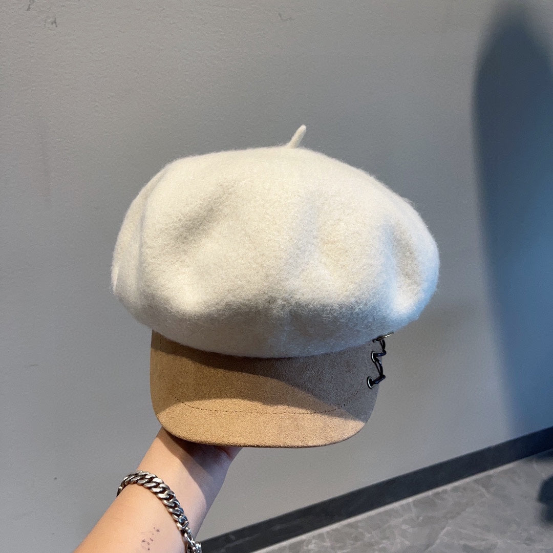 迪D家-秋冬新款造型羊毛鴨舌軍帽 白色