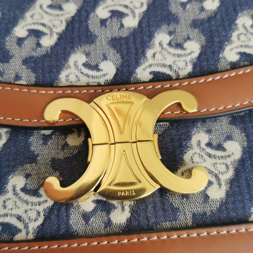 賽C家-TRIOMPHE經典麻布拼接牛皮手袋 海軍藍 小款18.5cm