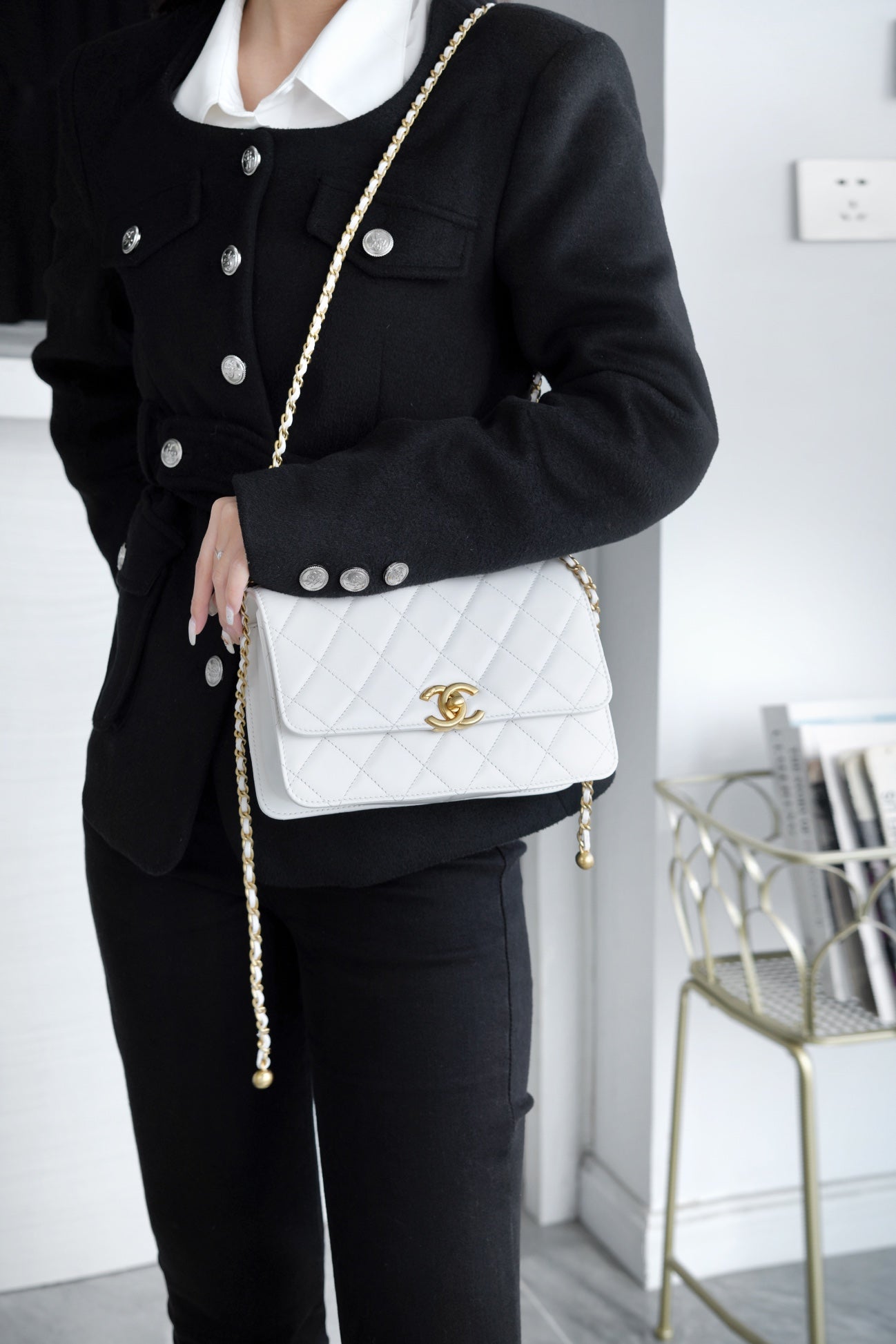 小香家-Chanel 24c雙金球 CF Mini19 白色