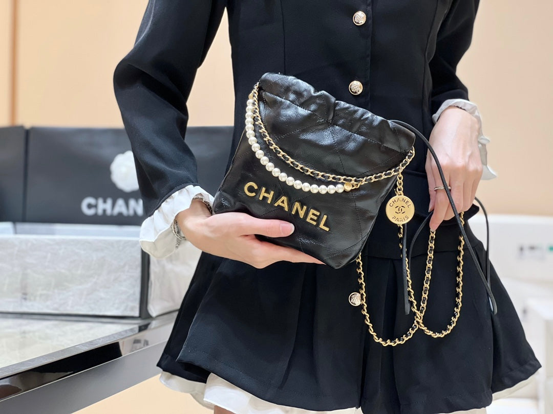 小香家-Chanel 22號手袋 黑色 雙鍊條 珍珠鍊