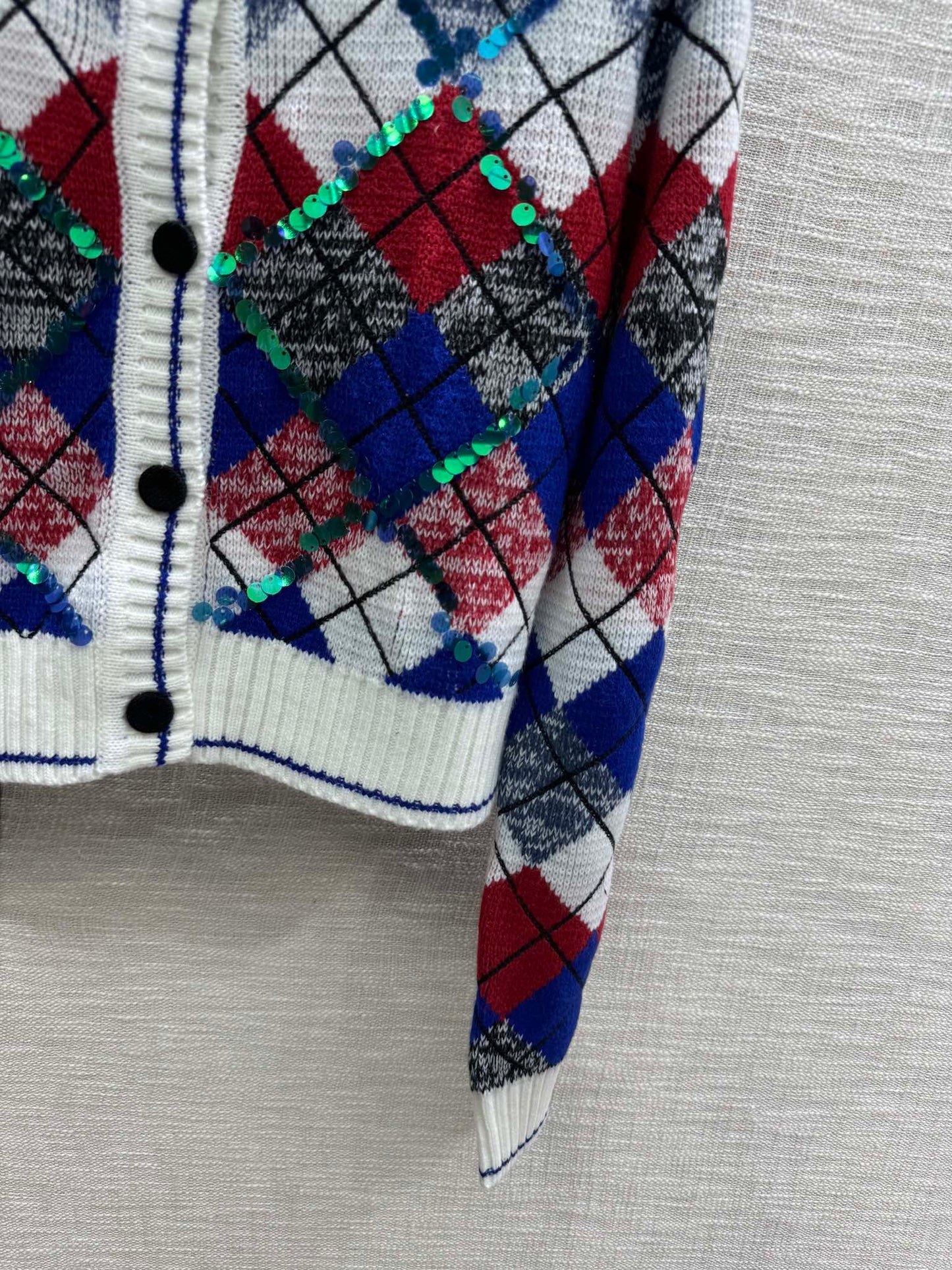 小香家-2403 撞色菱格圓領開襟衫