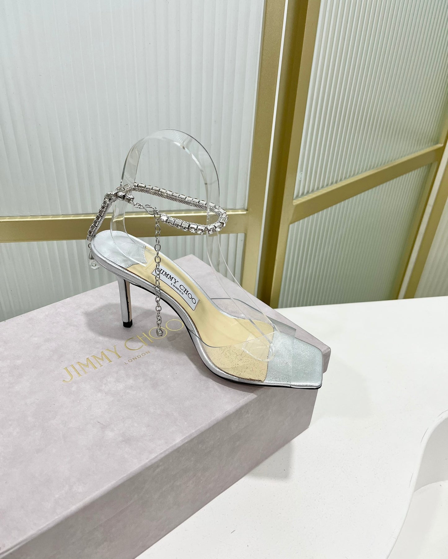 JC傑米-2023新款 魚口Y鏈高跟涼鞋 8.5CM 銀色
