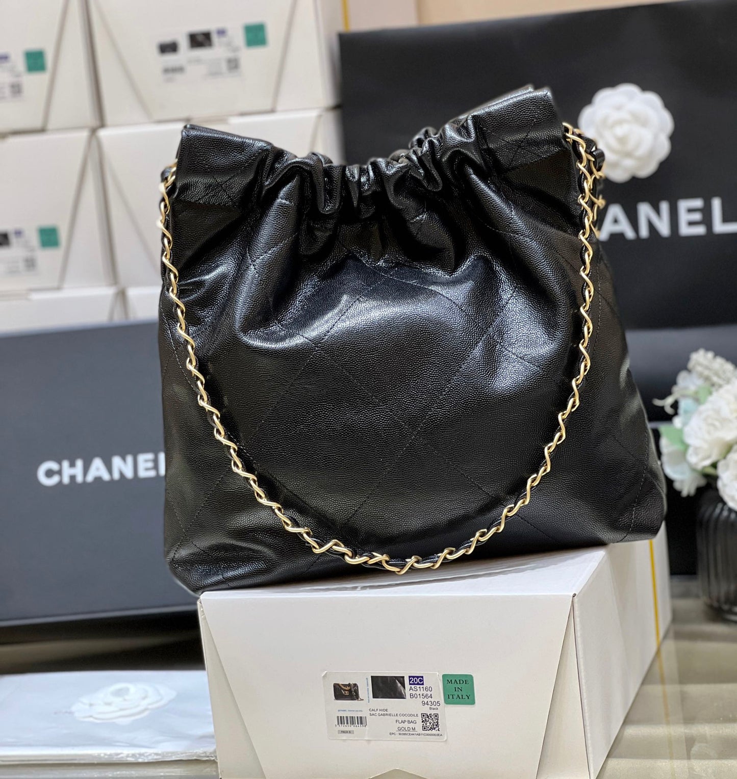 小香家-Chanel 22號手袋 魚子醬皮黑金色 中號