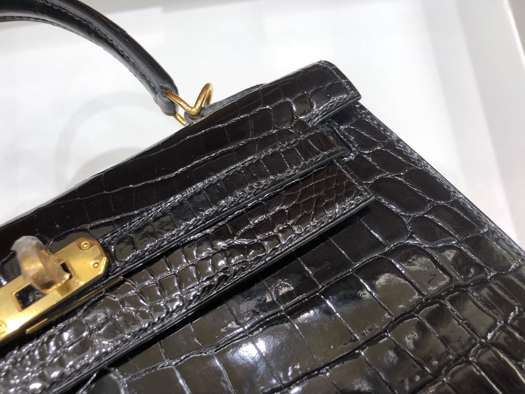 小愛款-Birkin 25 美洲方塊鱷魚 黑色 金扣