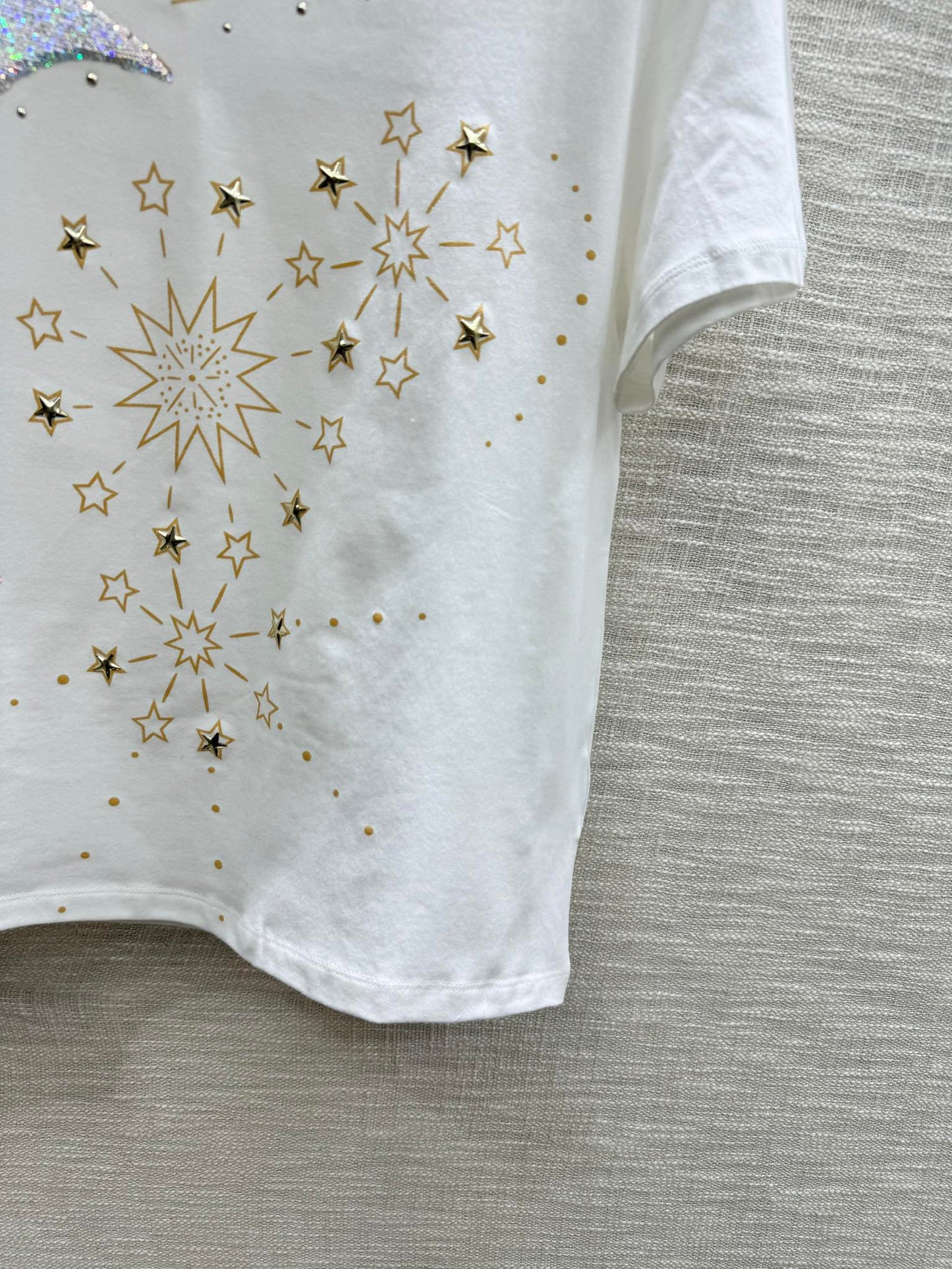 迪D家-2403 24春夏最新重工燙鑽印花短袖T 白色