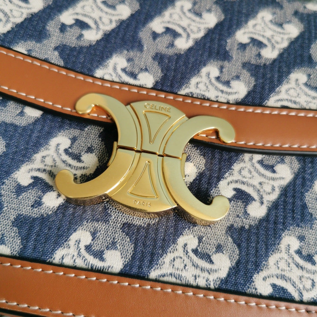 賽C家-TRIOMPHE經典麻布拼接牛皮手袋 海軍藍 大款22cm