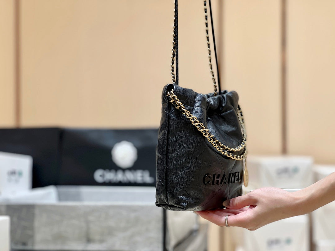 小香家-Chanel 22號手袋 魚子醬皮黑金色 小號