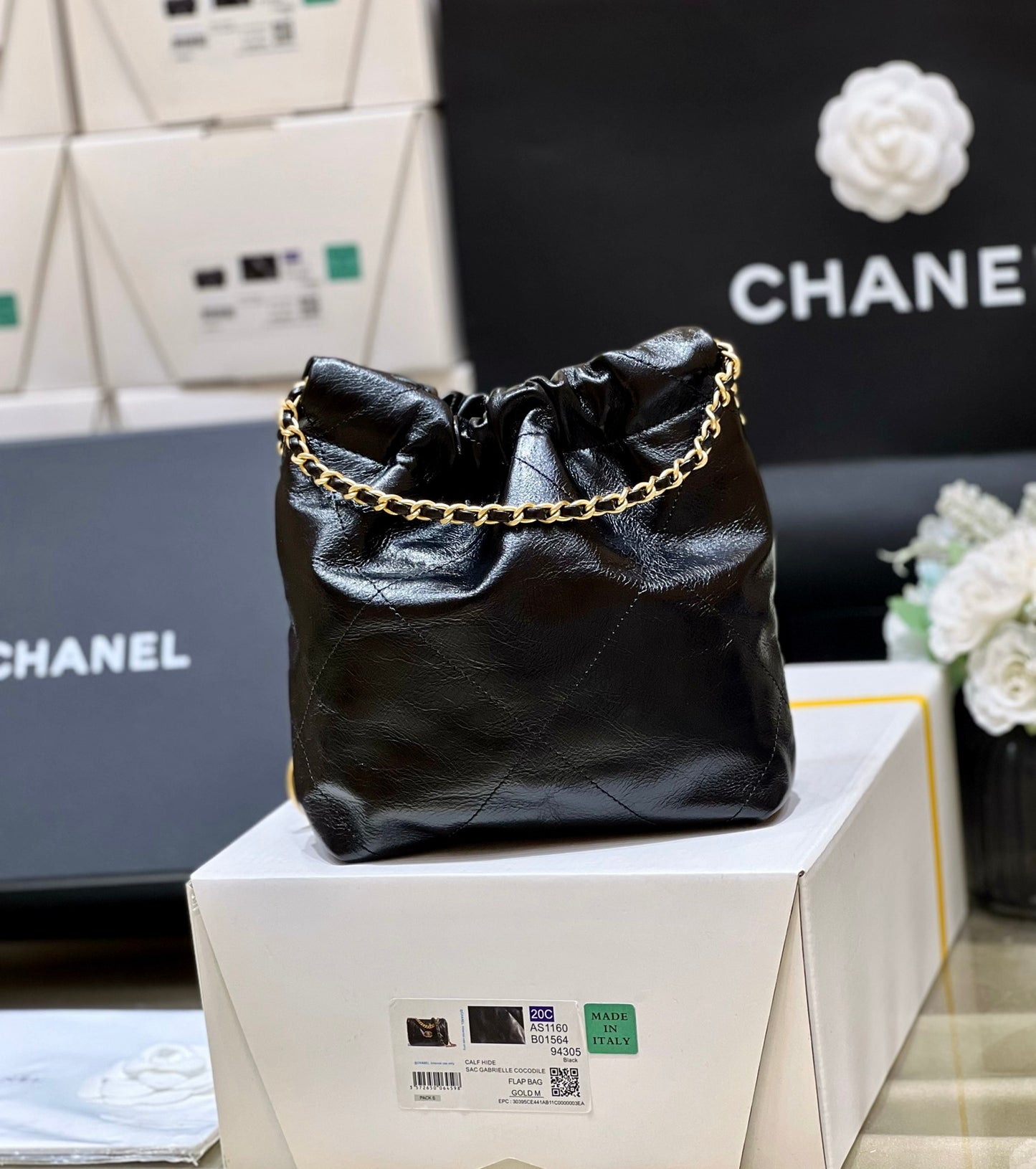 小香家-Chanel 22號手袋 黑色 雙鍊條 珍珠鍊