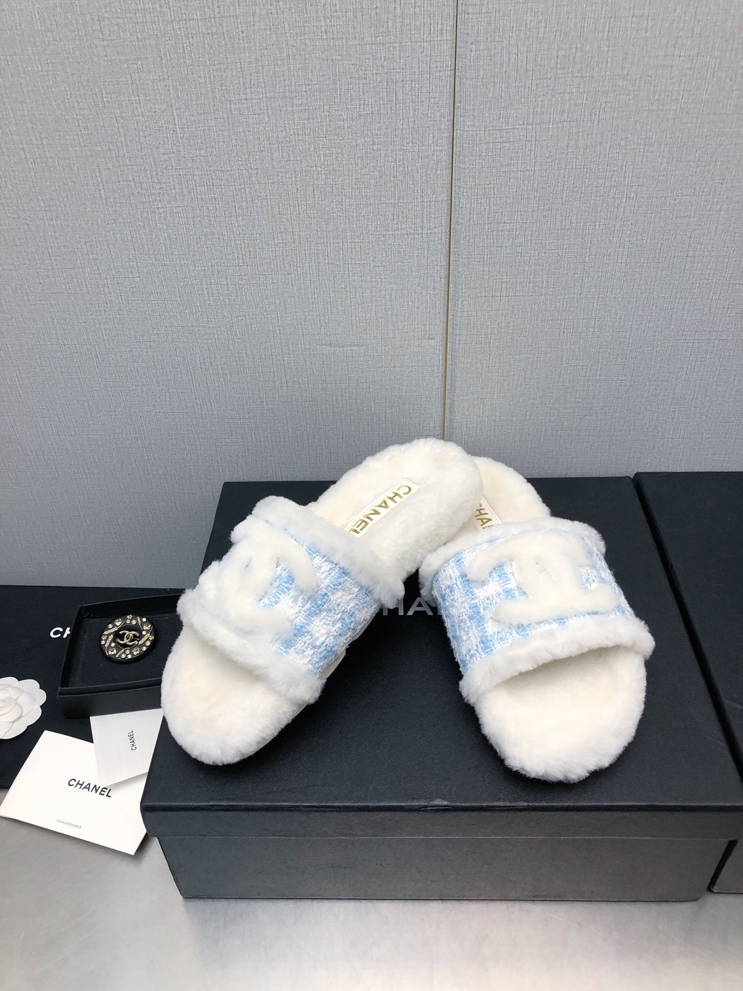 小香家-2023秋冬新款 羊毛格紋拖鞋 藍色