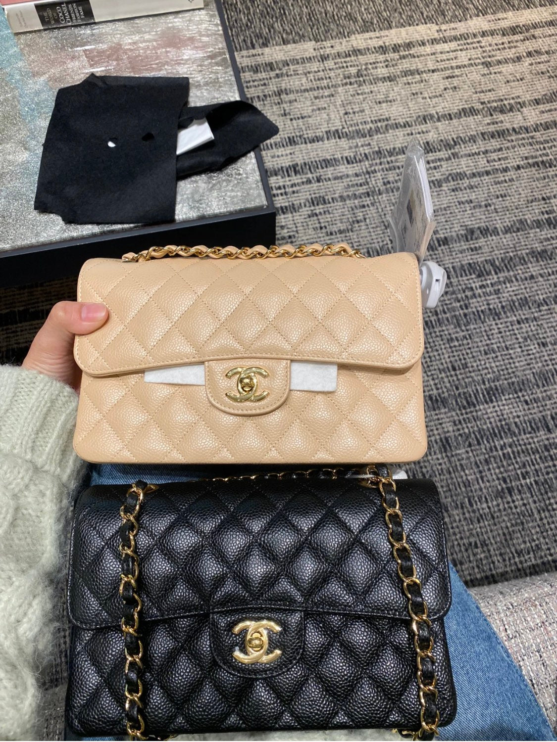 小香家-Chanel CF23 奶杏色 羊皮雙蓋淡金