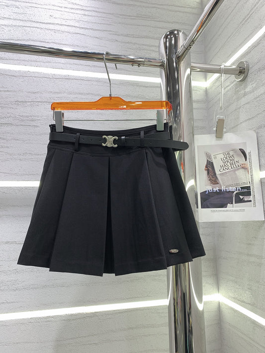 賽C家-2403 新款金屬logo扣皮帶百褶短裙