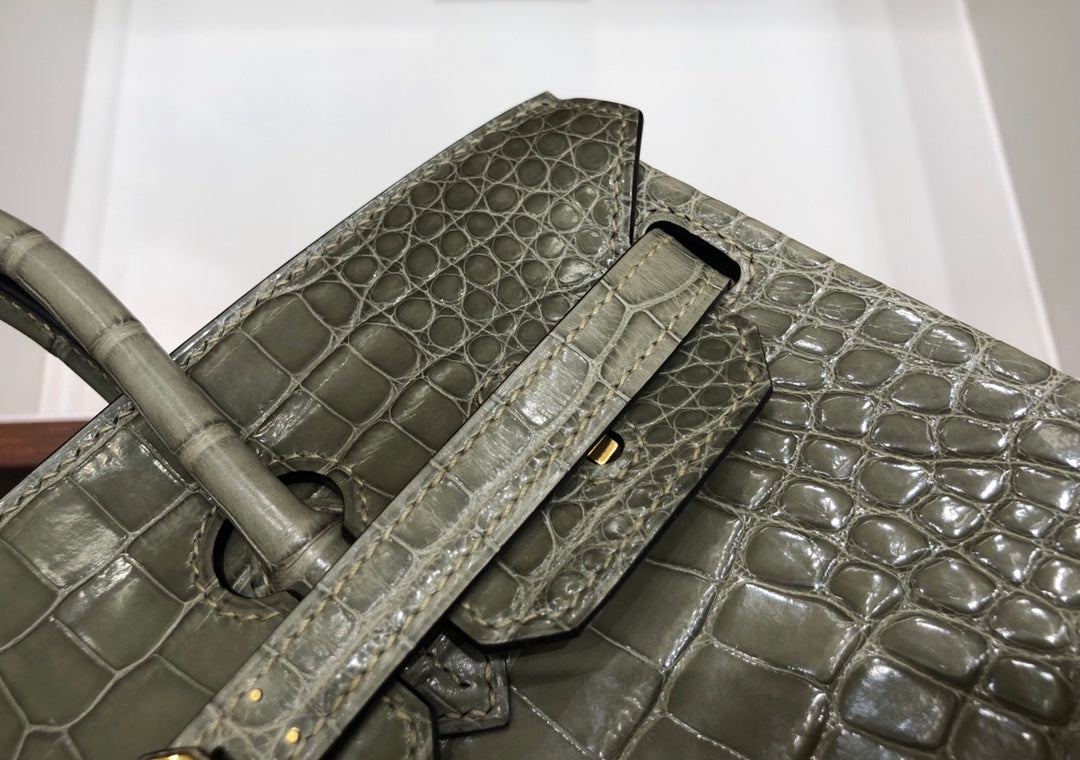 小愛款-Birkin 25 美洲方塊鱷魚 斑鳩灰 金扣
