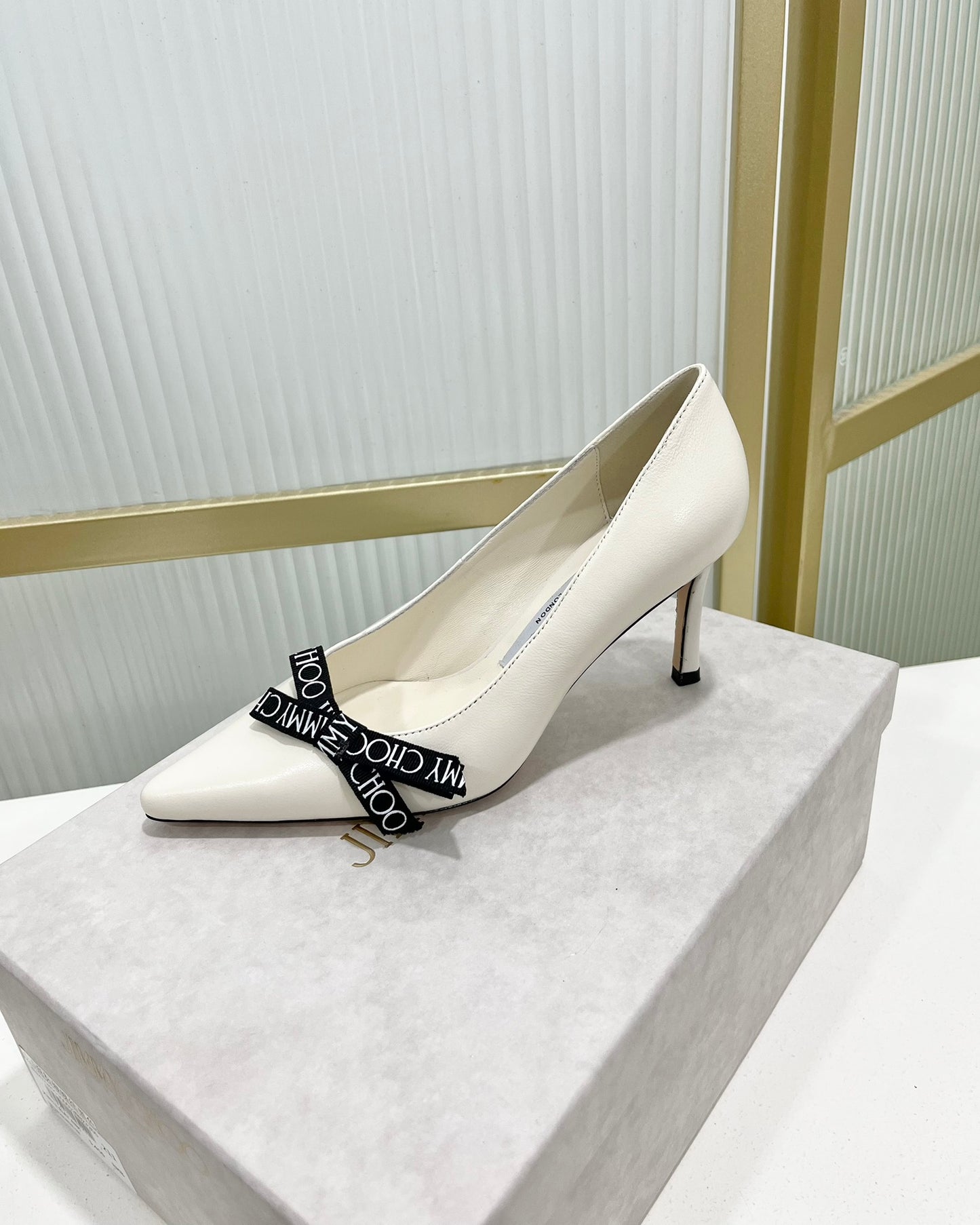 JC傑米-2023新款 印花織帶尖頭高跟鞋 6CM 白色