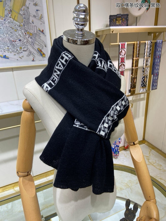 小香家-2024 雙C橫條紋披肩 60*190 黑