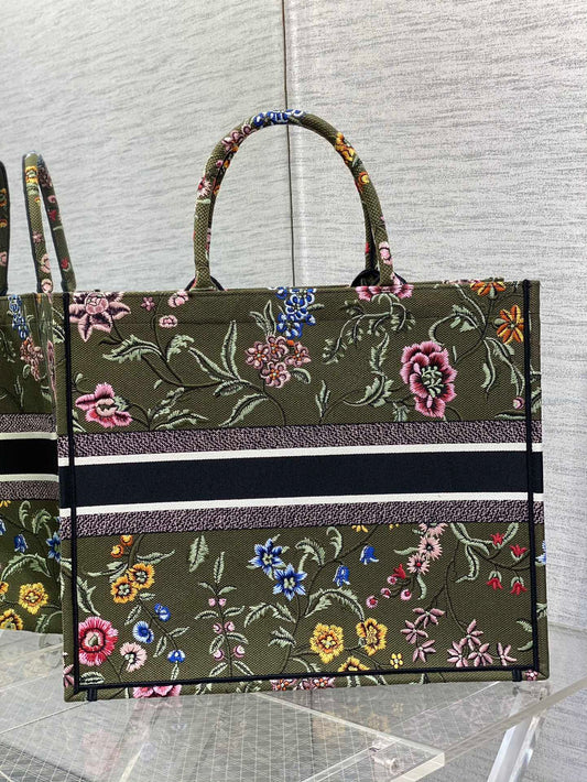 迪D家 Book Tote 刺繡字母軍綠花 大號41.5cm