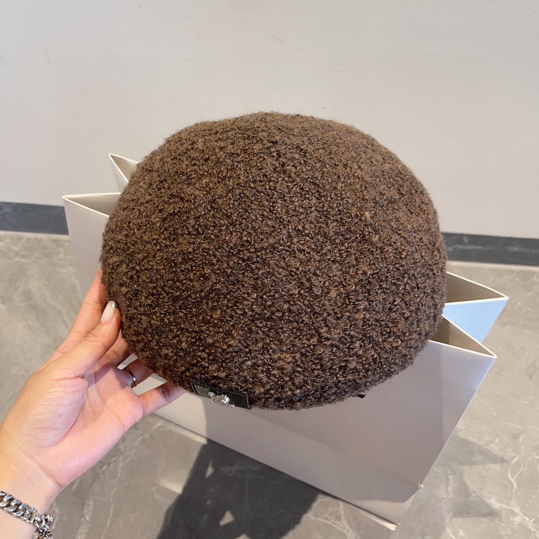 聖Y羅-秋冬燈芯絨皮質標貝雷帽 咖啡色