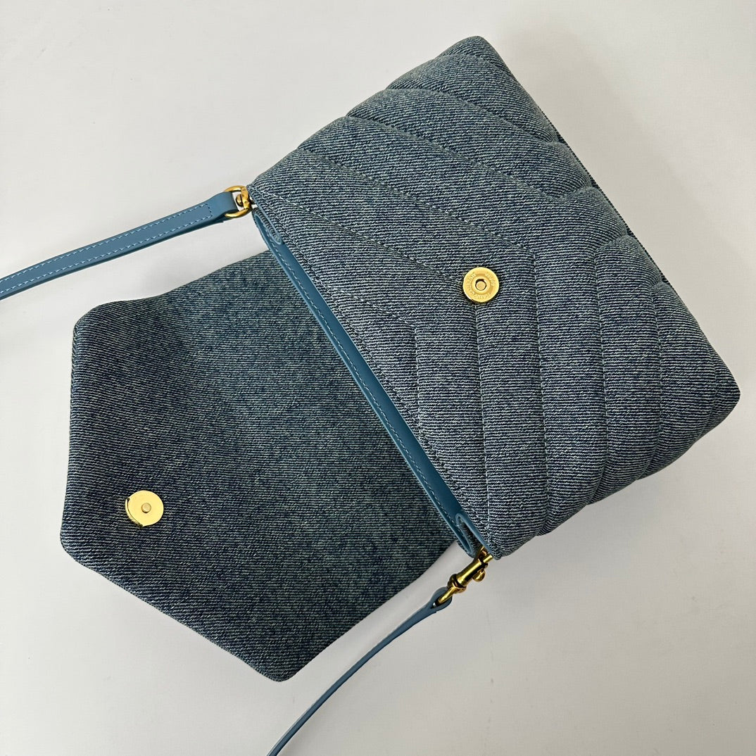 聖Y羅-Louou 20cm 牛仔布斜背包 牛仔藍