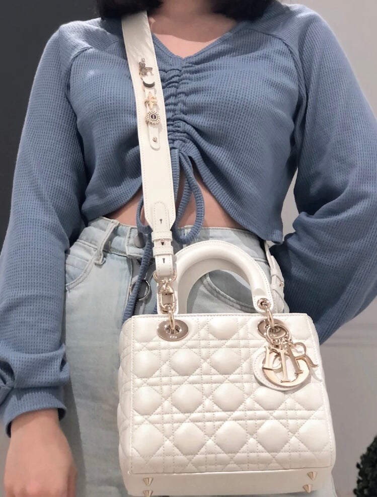 迪D家-Lady dior myABC 羊皮白色金扣 小號