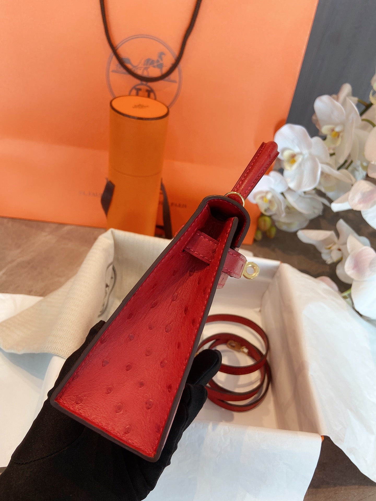 小愛款-Kelly Mini 2代 鴕鳥皮 紅色 金扣