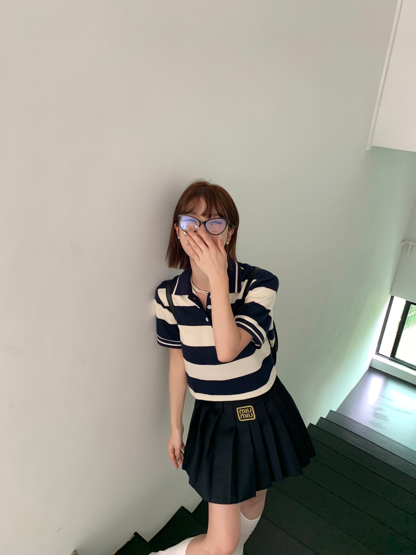 穆M家-2404  24Ss字母休閒polo上衣百褶裙套裝