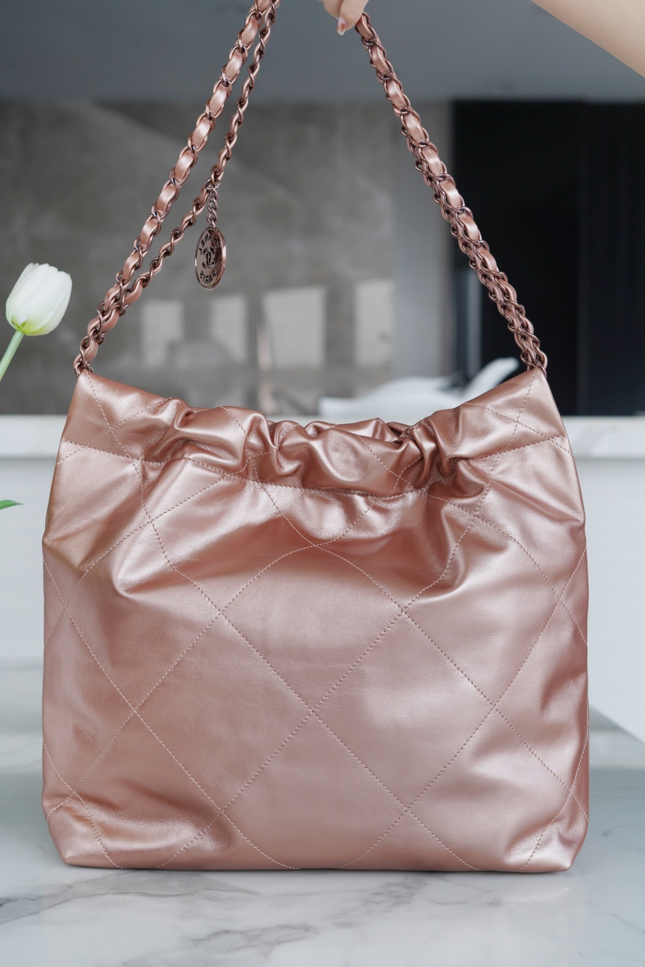 小香家-Chanel 22號手袋 玫瑰金背帶 雙鍊條